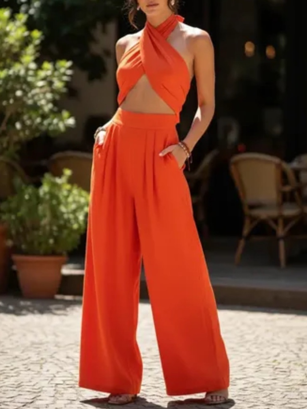 Women's Wide-Leg Palazzo Jumpsuit - Orange